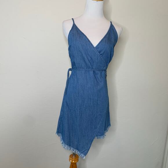 Denim Chambray Wrap Mini Dress Sz Small Raw Hem - Picture 1 of 9